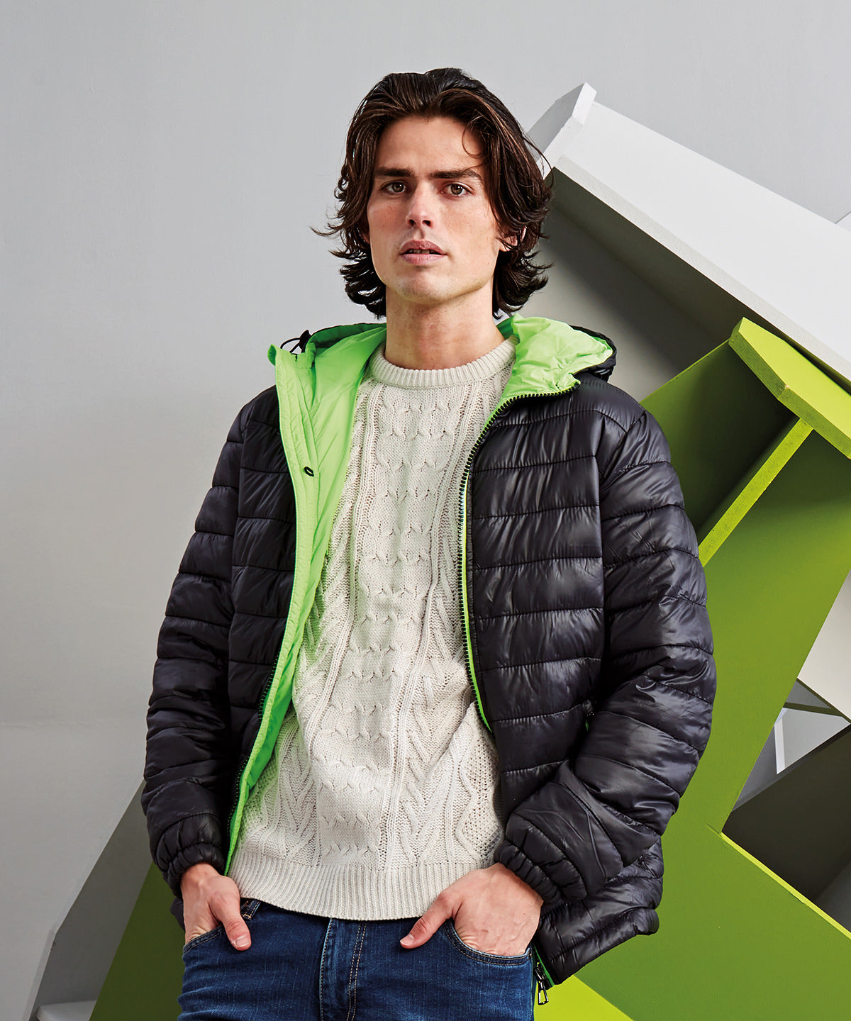 Contrast Lined Padded Jacket - Black/Bright Yellow