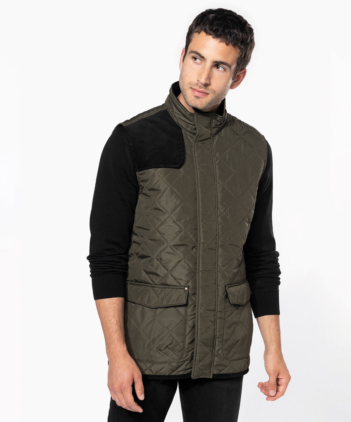 Men's Quilted Bodywarmer with Corduroy Trim - Green/Black